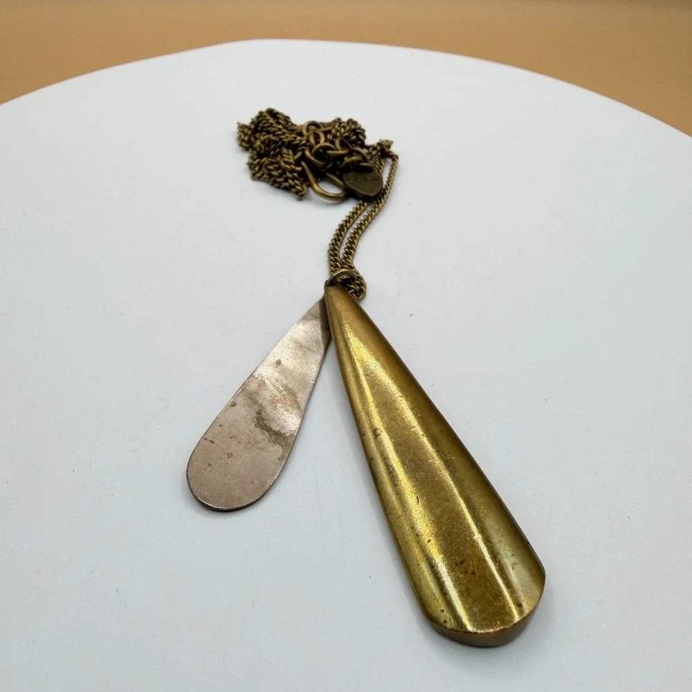 Antique Gold Tone Double Teardrop Pendant Long Chain Statement Necklace Gift